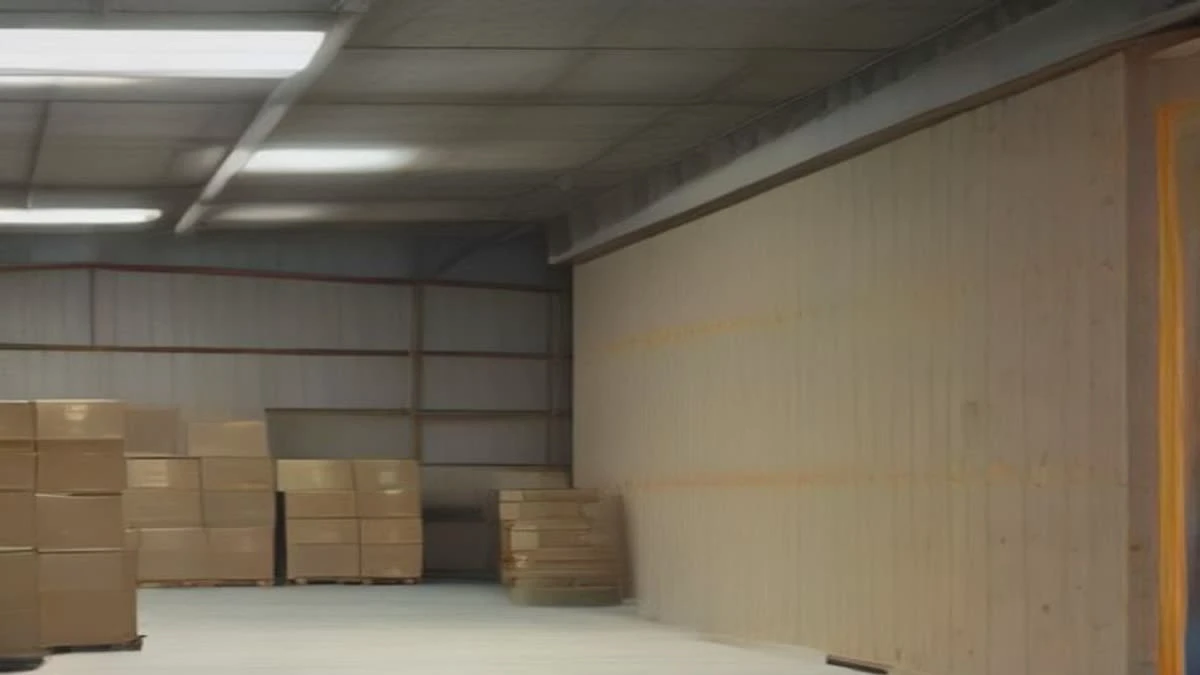 Illustration: over-the-shoulder view of a modern warehouse aisle with neatly stacked cartons and a clipboard on a pallet